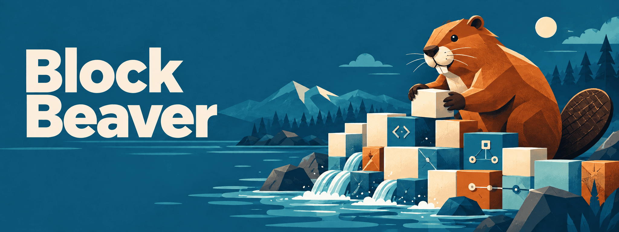 A beaver builds a dam from blocks marked with code and graph connections